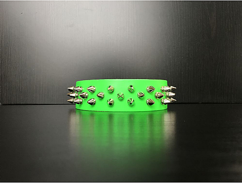 Fluorescent Green/3 Spike Studs - Leather Dog Collar - Size M